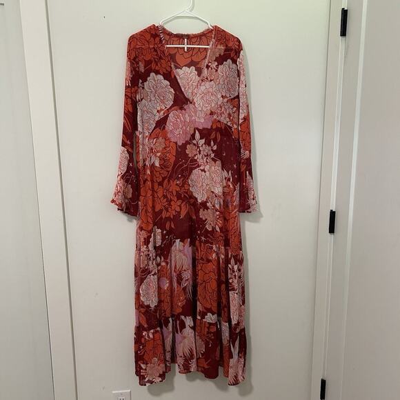 Free People Moroccan Roll Maxi Dress M Orange Red Flowers Boho No Slip Flaw - Picture 1 of 10